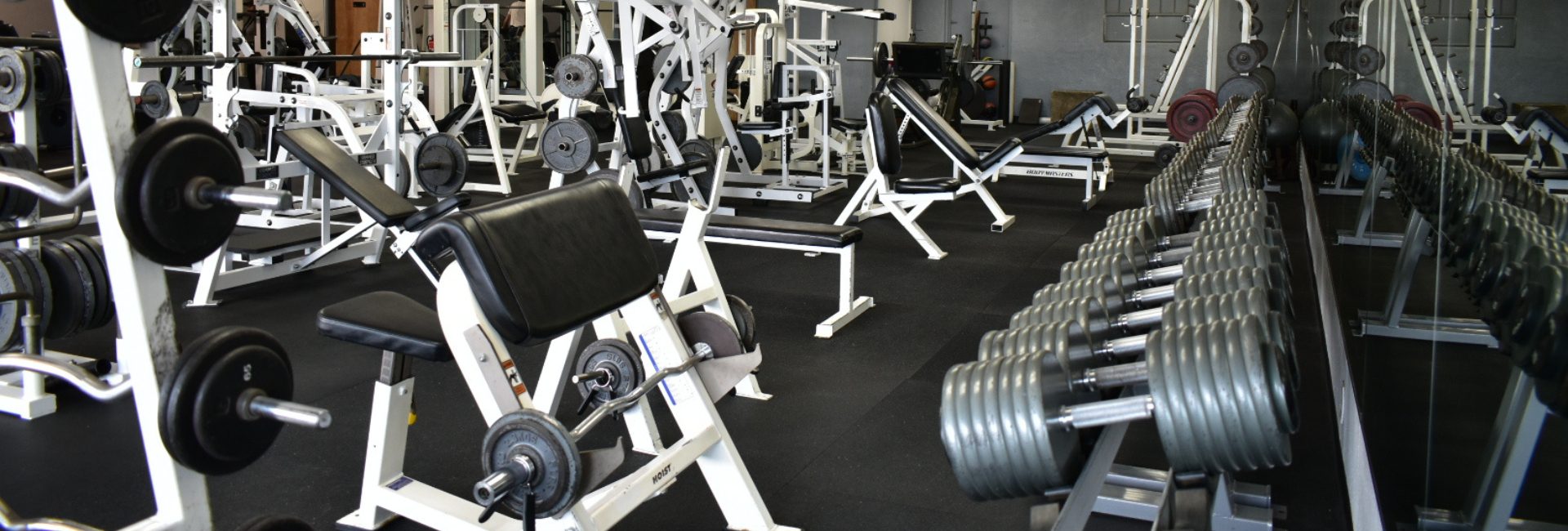 a rack of dumbbells and an open strength training floor at a midtown albuquerque gym