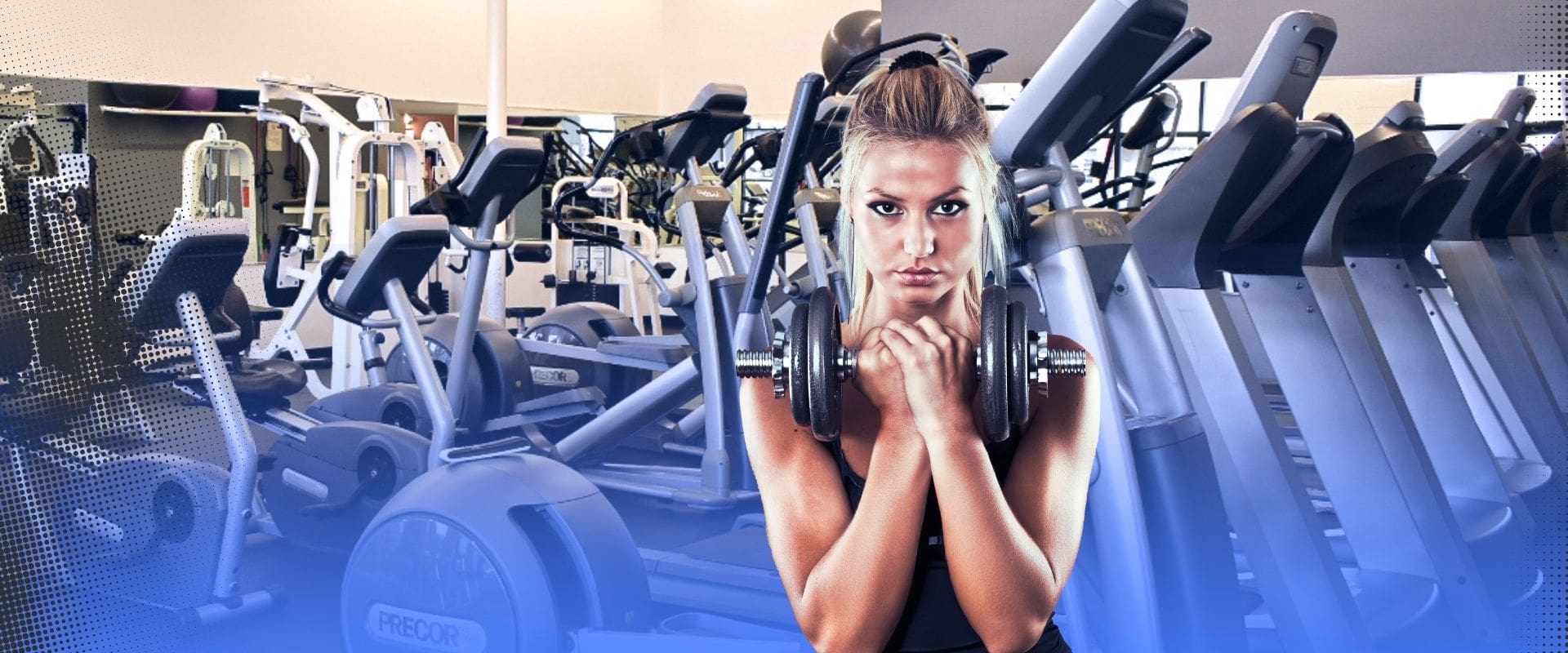 Powerflex Gym Albuquerque cardio and strength training area with woman lifting dumbbells promoting the No Payments Until January offer.