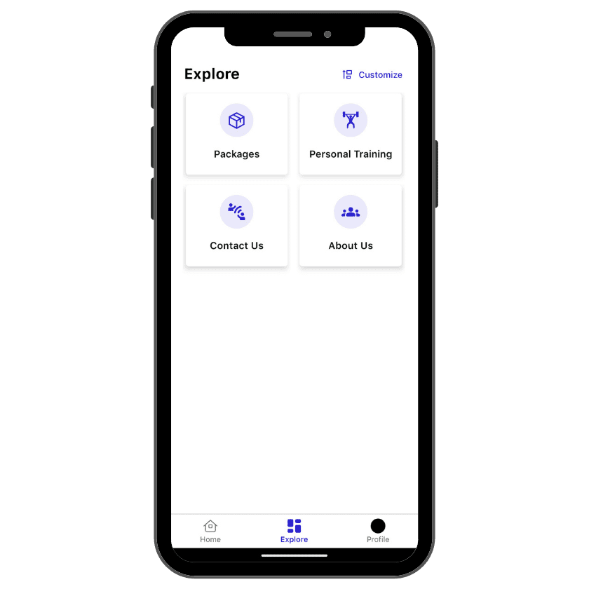 Powerflex Gym mobile app Explore menu showing quick links for packages, personal training, contact us, and about us on a smartphone