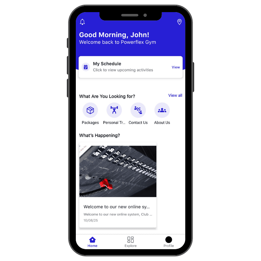 Powerflex Gym mobile app home screen showing schedule and member menu options on a smartphone display