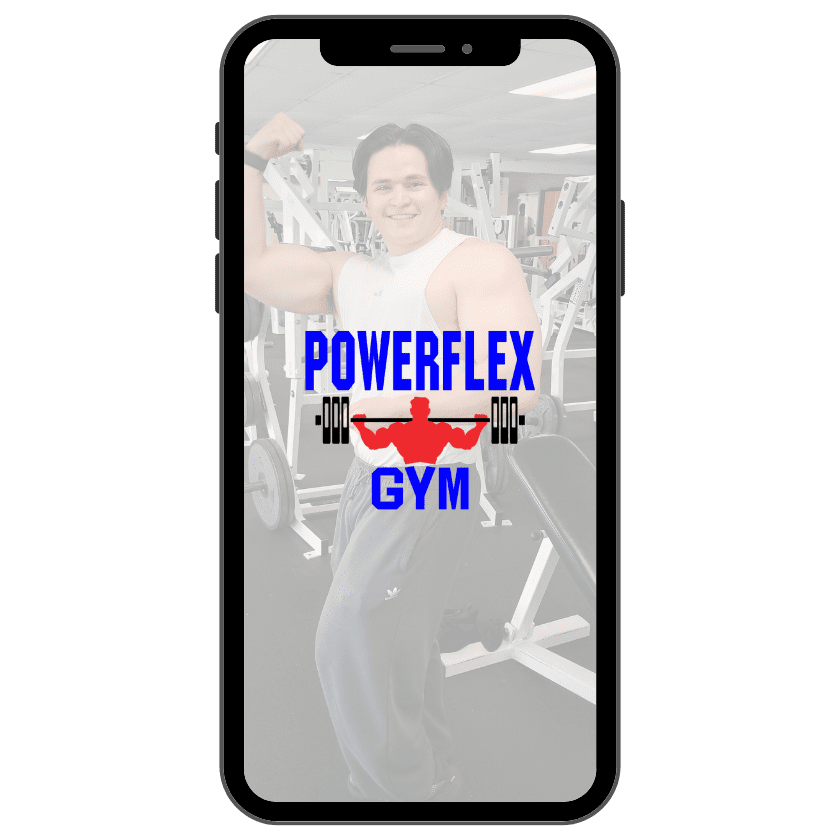 Powerflex Gym Albuquerque app introduction graphic with a smartphone mockup and Powerflex Gym logo over a gym background